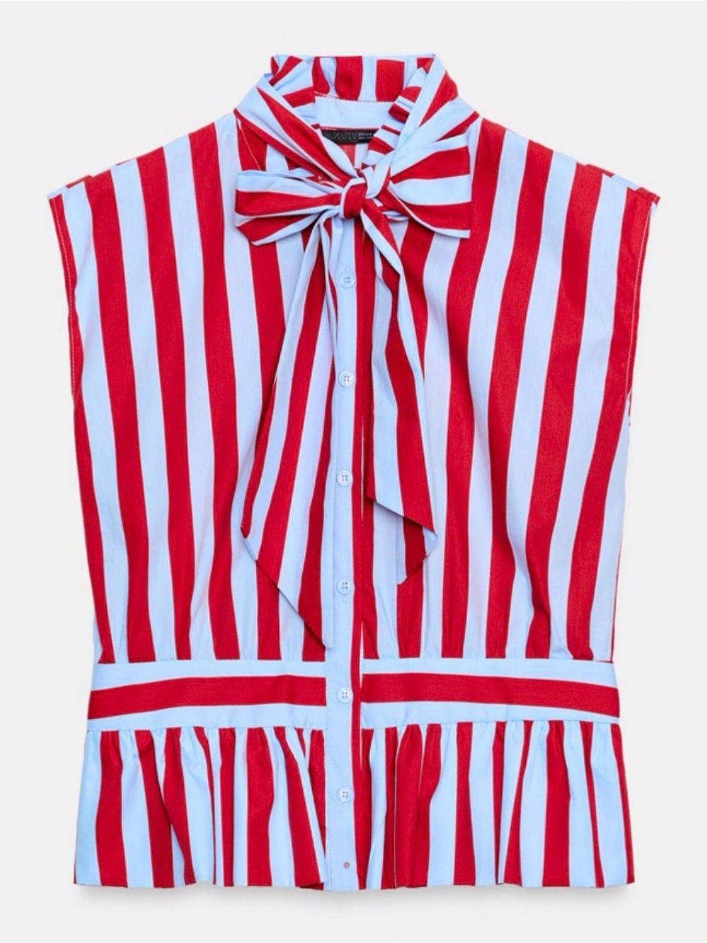 Zara Red & White Striped Bow-Front Sleeveless Blouse NWT